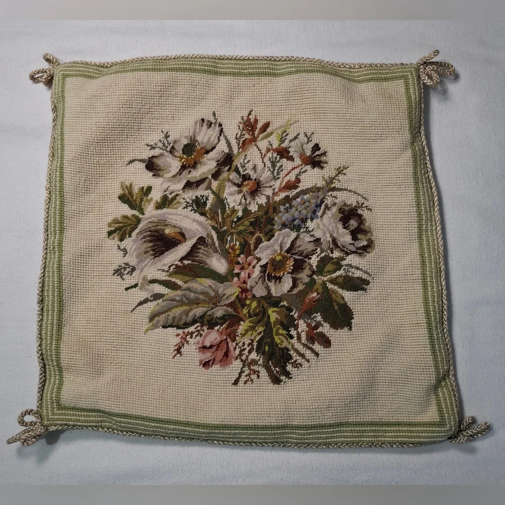 Vintage French Country Hand Stitched Floral Petit Point Wool Cotton Pillow Cover